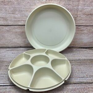 Vintage Tupperware‎ Beige Round Chip Dip Serving Tray Platter 1666-4 1665-5